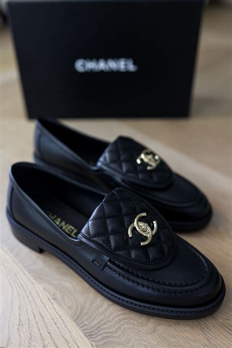 cream and black chanel shoes|authentic Chanel loafers.